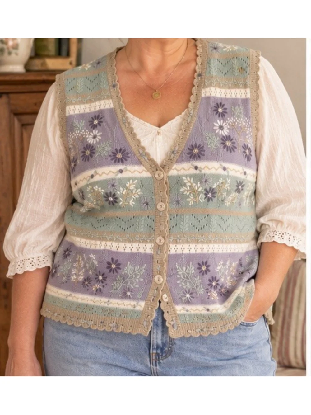 Alfred Dunner 2X Ramie Rayon Floral Embroidered Button Knit Vest Cottagecore